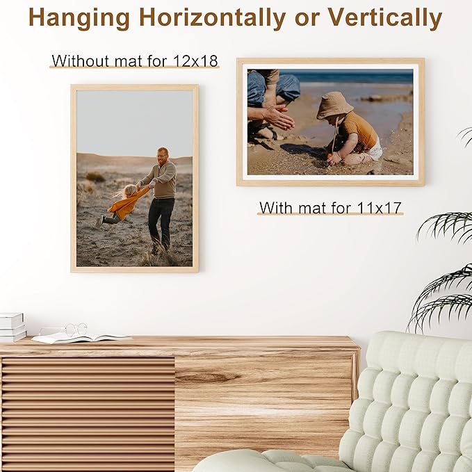 Vittanly 12x18 Picture Frame, Solid Wood Frame with Plexiglass, Includes 11x17 Mat, Wall Hanging for Photos, Home Decor, Natural, 1 Pack