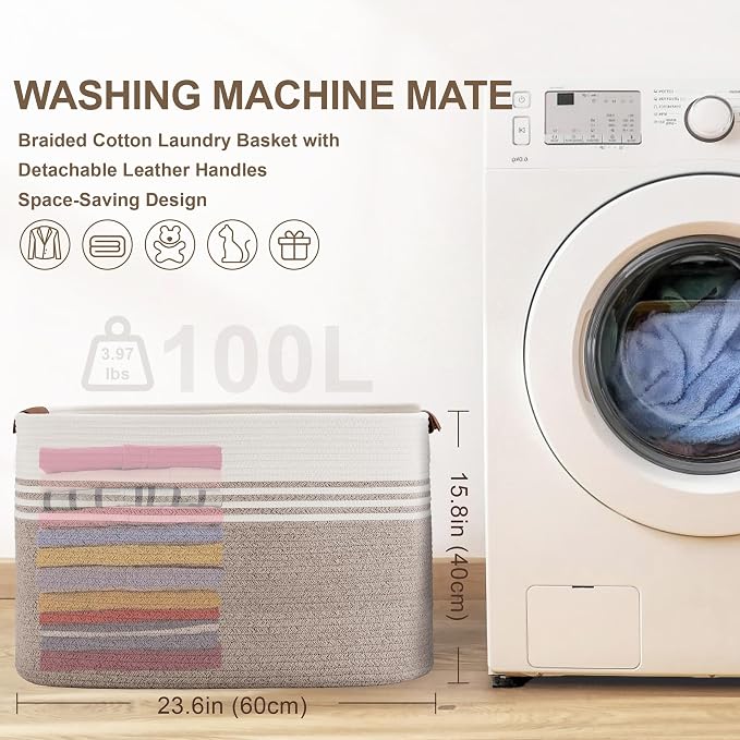 100L Large Woven Laundry Basket Hamper - Image 7