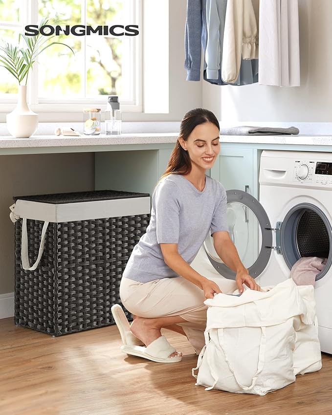 SONGMICS Laundry Hamper with Lid, 110L Double Wicker Basket, 6 Mesh Bags - Image 2