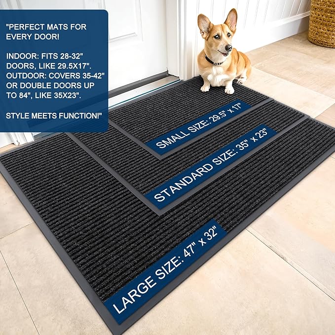 OLANLY Front Door Mat Indoor Outdoor Entrance, Waterproof Heavy Duty Doormat, Fade Resistant, Low Profile, Easy Clean Patio Porch Welcome Floor Mats for Entry, 47x30, Off-Black