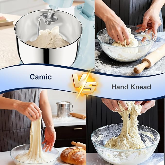 Camic Stand Mixer, 4.2QT+5.3QT Two bowls Electric Food Mixer, 10 Speeds with Digital setting 3-IN-1 Kitchen Mixer for Baking Cakes Cookie Bread Salad with Egg Whisk,Dough Hook,Flat Beater(Blue)