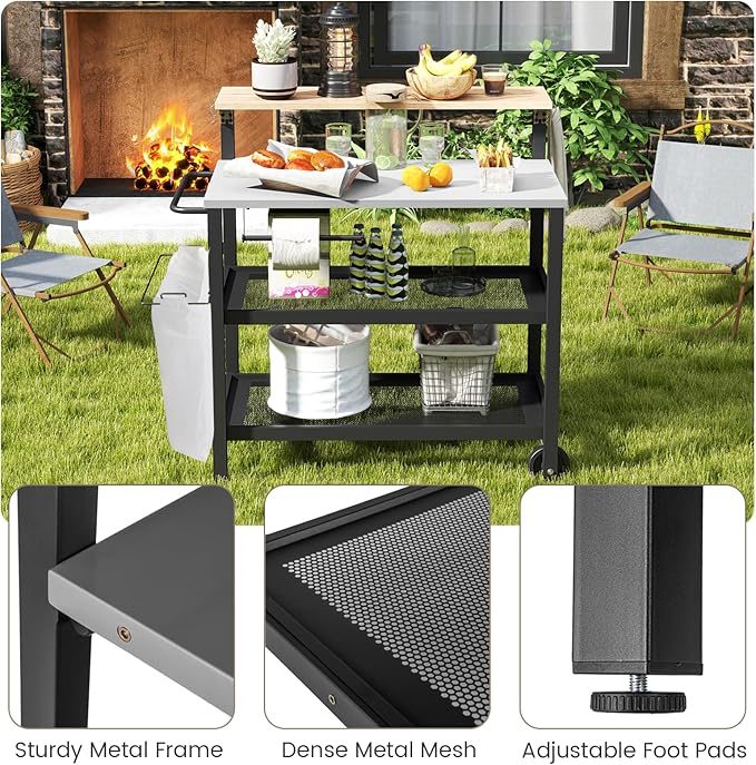 GOFLAME Outdoor Patio Cart Table, Kitchen Shelf on Wheels with Flip Top, Trash Bag Holder, Movable Hooks, Side Handle, Rolling Dining Grill Table, 4-Tier Serving Cart for Home, Bar, with Chairs
