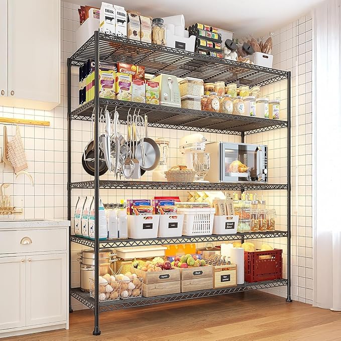 REIBII 45.5''W Storage Shelves Wire Shelving, 5 Tier Pantry Shelves for Storage Rack, Adjustable Metal Shelving for Pantry Kitchen Steel Shelving, 45.5" W x 71" H x 17.7" D, 2 Pack