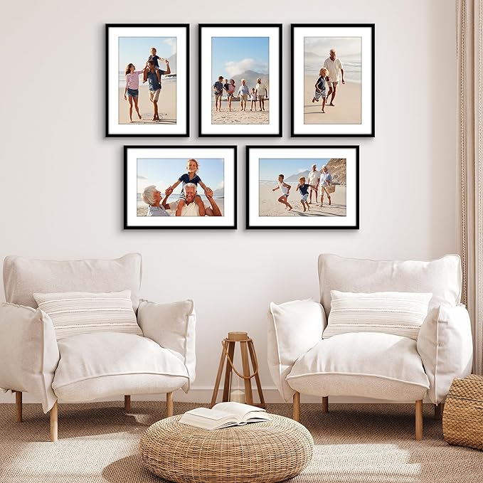 Americanflat 16x22 Picture Frame with Polished Plexiglass - Set of 5 - Use as 12x18 Frame with Mat or Display 16x22 Photo Without Mat - Galleria Collection - Picture Frames for Wall Display - Black