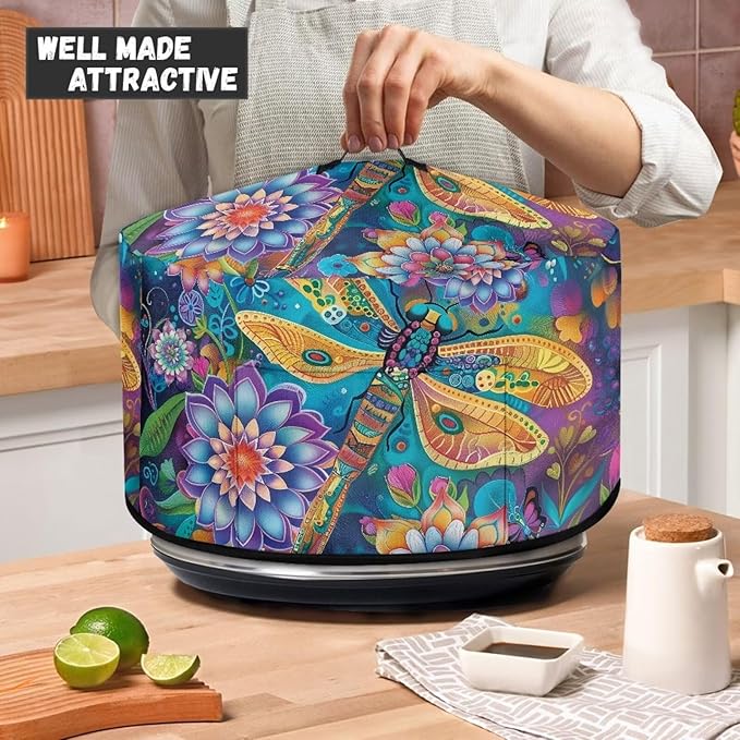 Bohemian Dragonfly Lotus Flower Print Slow Cooker Dust Cover Protective with Pocket Keep Appliance Clean Fit Most 6-8 Quart Crock Pot Kitchen Appliance Organizer Kitchen Accessories