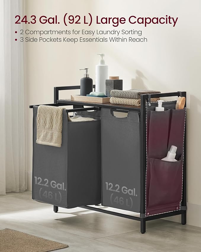 VASAGLE Laundry Hamper with Shelf, 2 Pull-Out Bags, 2 x 12.1 Gallons - Image 3