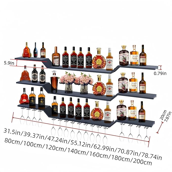 31.5" Wall Mounted LED Wine Rack, 3-Tier Floating Bar Shelves, Large Liquor Shelf with Wine Glass Rack, Large Bar Rack Wall Mounted for Liquor Bottles, Home Bar, Dining Room or Cafe, Black