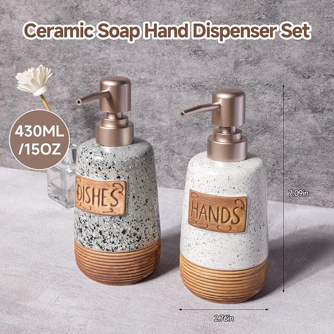 Hand and Dish Soap Dispenser Set, Farmhouse Ceramic Soap Dispenser - Image 3