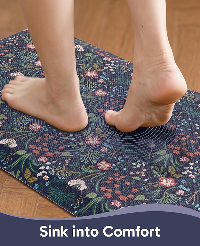 Ophanie Kitchen Mats for Floor, 3/4 inch Thick, 20x48 Anti Fatigue Cushioned Mat, Kitchen Rugs, Waterproof, Comfort Ergonomic Standing Mat for Office, Home, Sink, Blue Flower Non-Slip Ridged Bottom