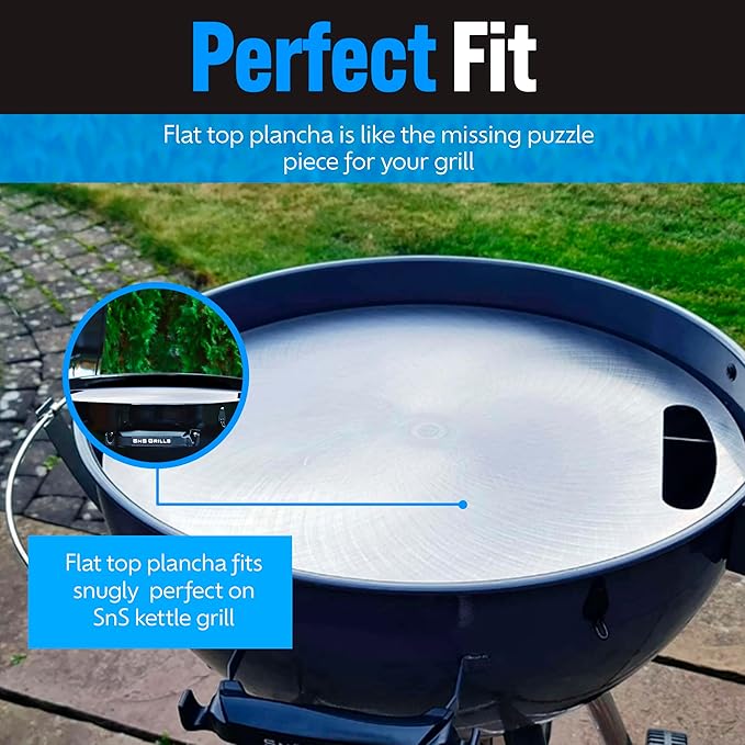 SnS Grills Slow 'N Sear Carbon Steel Flat Top Plancha - Heavy-Duty Griddle for Outdoor Grilling, Perfect for Smash Burgers, Breakfast, and Hibachi-Style Meals - Fits 18” Kettles