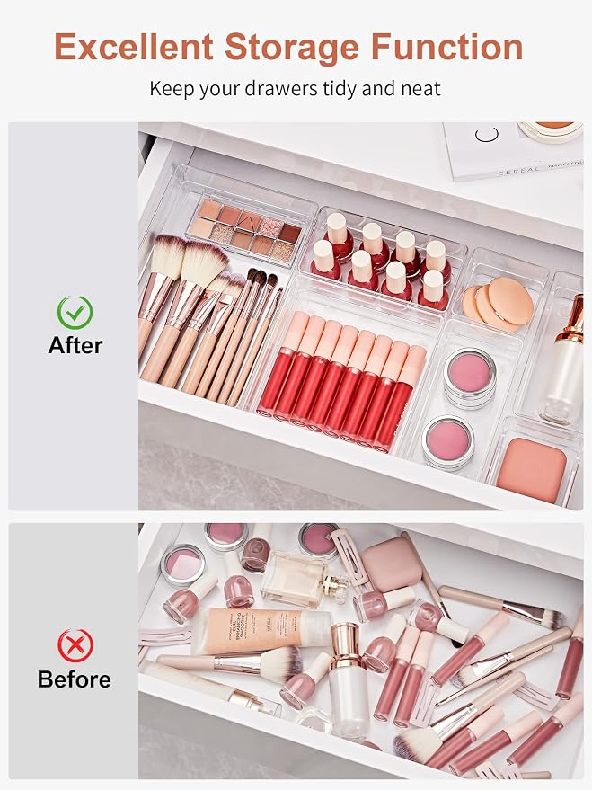 SMARTAKE 13 PCS Drawer Organizer 5-Size Desk Makeup Drawer Organizer Clear | - Image 4