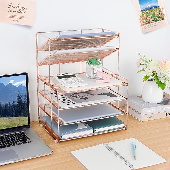 OPNICE Desk Organizer, 6-Tier Paper Organizer Letter Tray, Rose Gold | Desk - Image 5