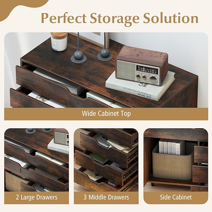 File Cabinet, Rustic Filing Cabinet w/Universal Wheels, Wood Printer Stand w/Storage, Rolling File Cabinets for Home Office, Living Dining Room (Rustic Brown, 2 Large Drawers & 3 Small Drawers)