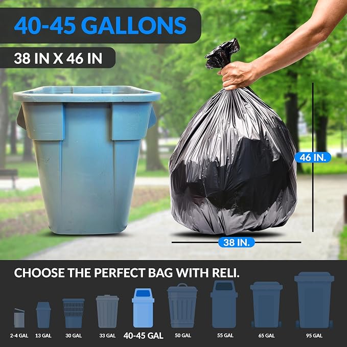 Reli. 40 to 45 Gallon Trash Bags Heavy Duty | 250 Trash Bags, Twist Ties | Black - Image 2
