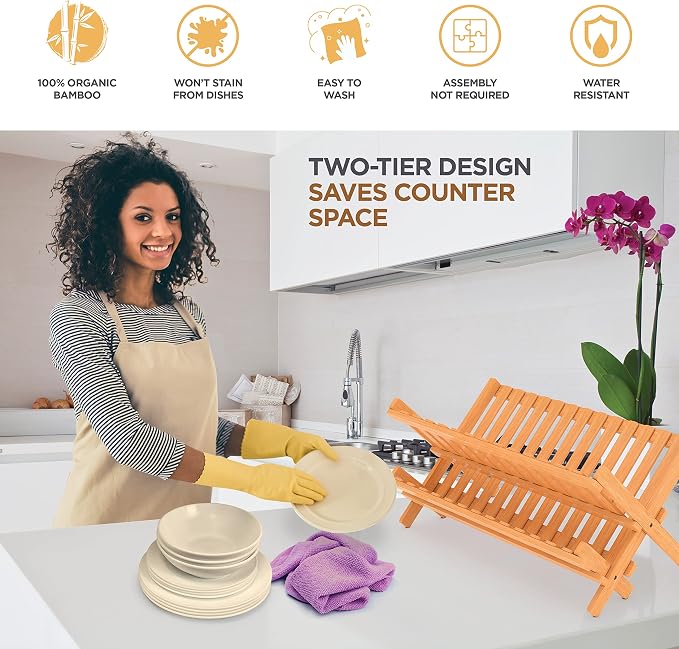 Bambüsi Collapsible Dish Drying Rack, Foldable Kitchen Counter Dish Drainer | - Image 2