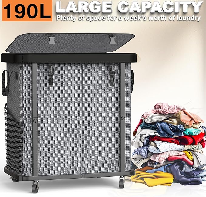 Laundry Basket with Wheels, 190L Laundry Hamper 2 Setion - Image 3
