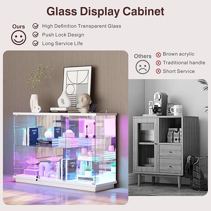 Lvifur RGB Glass Display Cabinet - with Lock, High Gloss Sideboard with Human Body Sensor & Glass Shelves for Toys, Books, Collectibles, Liquor, Bookcase for Living Room, Kitchen, Study, White