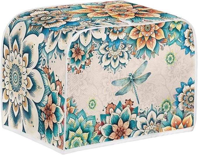 UNICEU Boho Floral Dragonfly 4 Slice Toasters Cover, Reusable Kitchen Accessories Dust-proof Toasters Cover