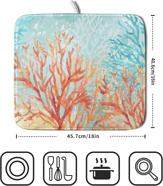Giwawa Coastal Coral Dish Drying Mat Beach Ocean Drainer Rack Mat 16x18 Inch - Image 2