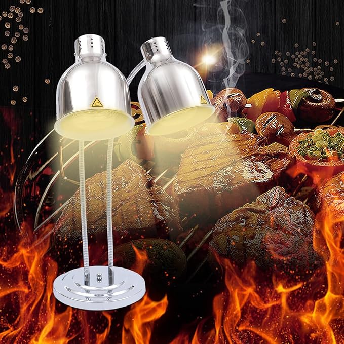 Food Heat Lamp Warmer Silver, 500W Double Bulbs Buffet Display Heating Preservation Light, Electric Portable Infrared Heating Lamp with 360°Adjustable Head (Silver Style2)