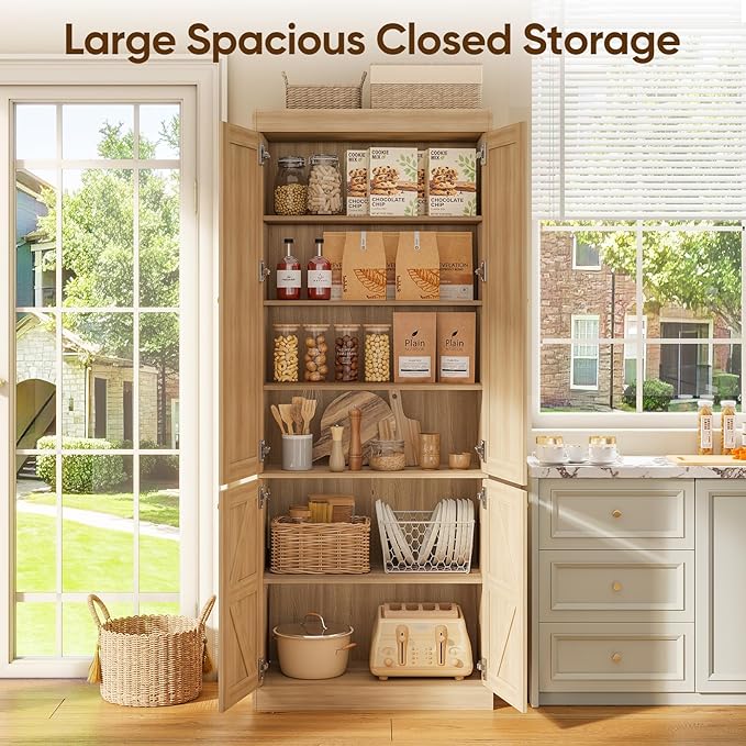 70.8" Tall Bookshelf with Doors, Farmhouse Modular Bookcase with 4-Tier Adjustable Shelves, Large Storage Cabinet for Home Office, Living Room, Brown
