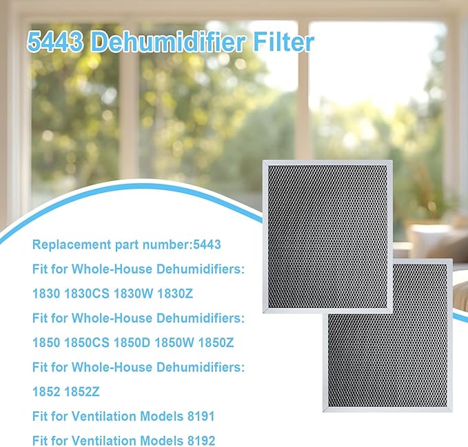 2 Packs 5443 Dehumidifier Filter Replacement for Ventilation Models 8191, 8192 Fits for Whole-House Dehumidifiers Models 1830, 1850, 1852 Replacement Filter 12x10x0.79 inch