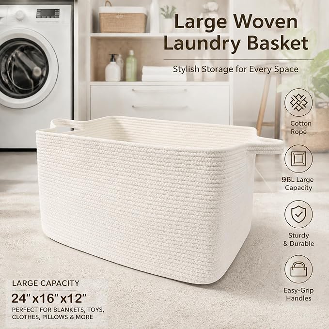 96L Woven Laundry Basket with Handles, Extra Blanket Basket - Image 5