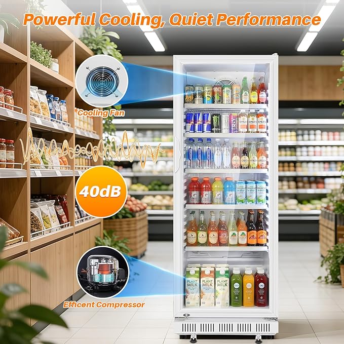 Commercial Beverage Refrigerator, 24.5" Glass Door Display Fridge, 15 Cu.Ft Beverage Cooler with 5 Adjustable Shelves, Auto Rebound Door, Low Noise, for Shops, Restaurants & Bars WHITE
