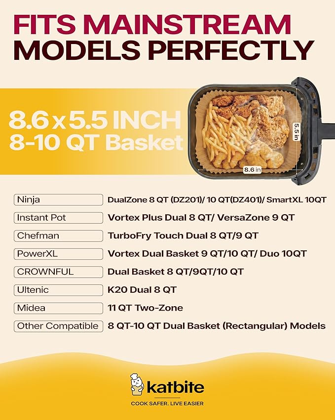 Katbite Air Fryer Liners Disposable - 8.6x5.5'' 130PCS Rectangle Paper Liners, Thick Airfryer Parchment Paper Liners for Dual Air Fryer, DZ201, DZ401, FG551