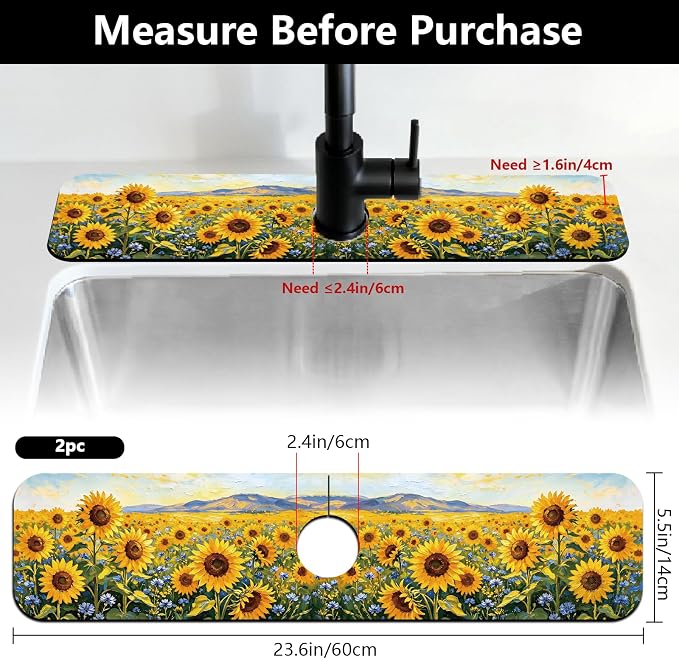 2 Pcs Kitchen Sink Splash Guard Faucet Mat Oil Painting of Sunflowers Pattern - Image 2