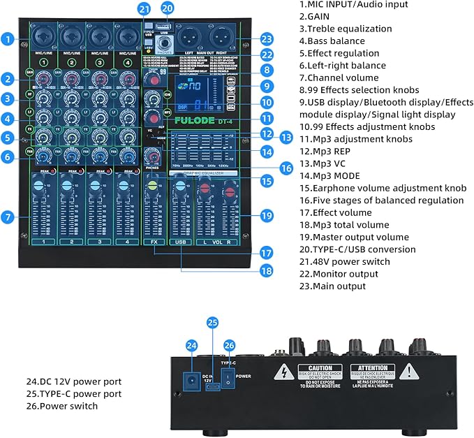 DT-4 Professional 4 Channe Audio Mixer，DJ Controller Sound Board Mixing with 99 DSP Effects,5-Band EQ/4 XLR interfaces and USB for Live Streaming & Recording，48V Phantom Power & Vocal Removal