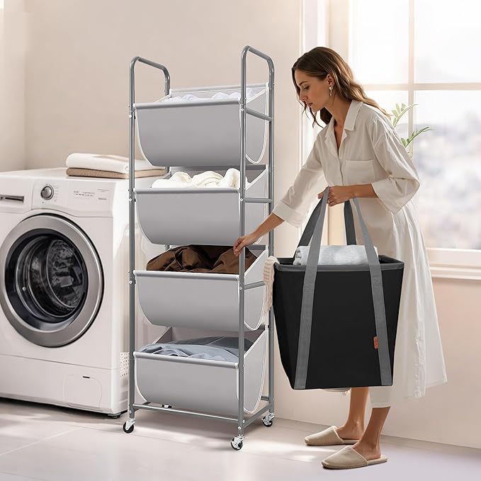 STORAGE MANIAC Vertical Rolling Laundry Hamper, 4 Section Laundry Sorter - Image 2