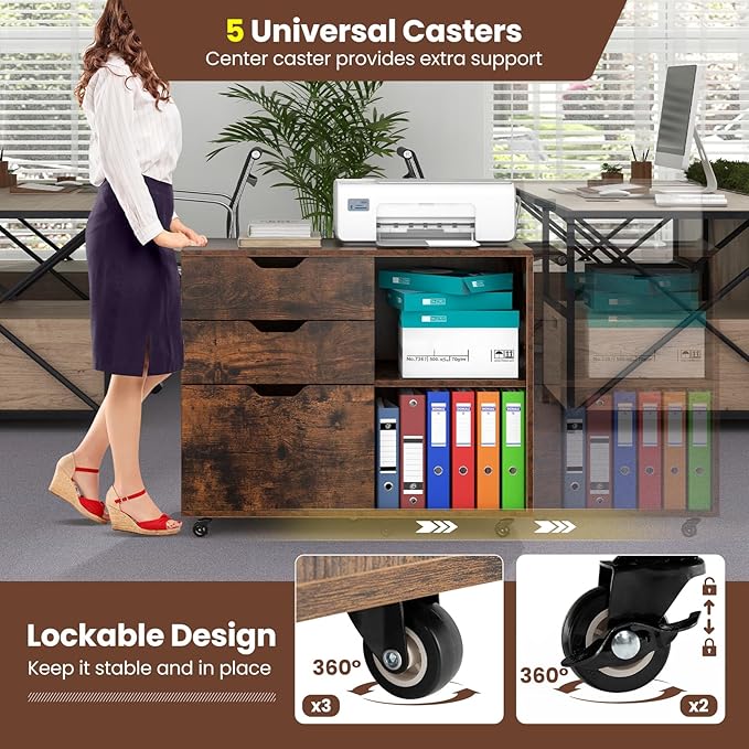 File Cabinet, Mobile Filing Cabinet w/Universal Wheels & 3 Drawers, Wood Printer Stand with Storage, Rolling File Cabinets for Home Office, Living Room, Bedroom (Rustic Brown, 3 Drawers)