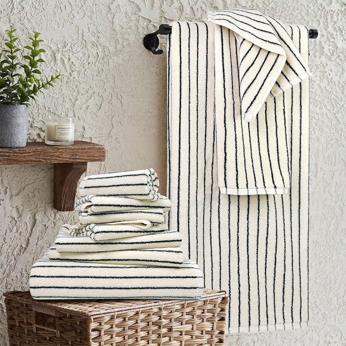 8 Piece Black and Ivory Towel Set, Super Soft & Absorbent Cotton Striped | - Image 2