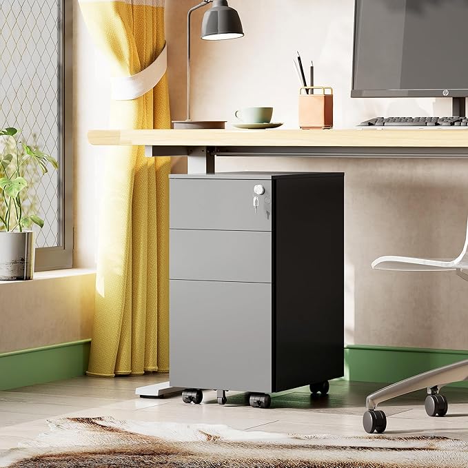 DEVAISE 3 Drawer File Cabinet with Lock, Under Desk Metal Filing Cabinets with Wheels for Home Office Fit Legal/Letter/A4 File, Assembled Except Casters,Black