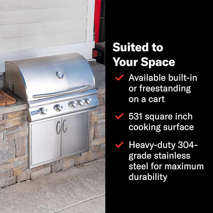 Blaze Premium LTE+ 32-Inch 4-Burner Built-In Propane Gas Grill | Stainless Steel Outdoor BBQ with Rear Infrared Burner, Rotisserie Kit, LED Control Knobs & Lift-Assist Hood | BLZ-4LTE3-LP