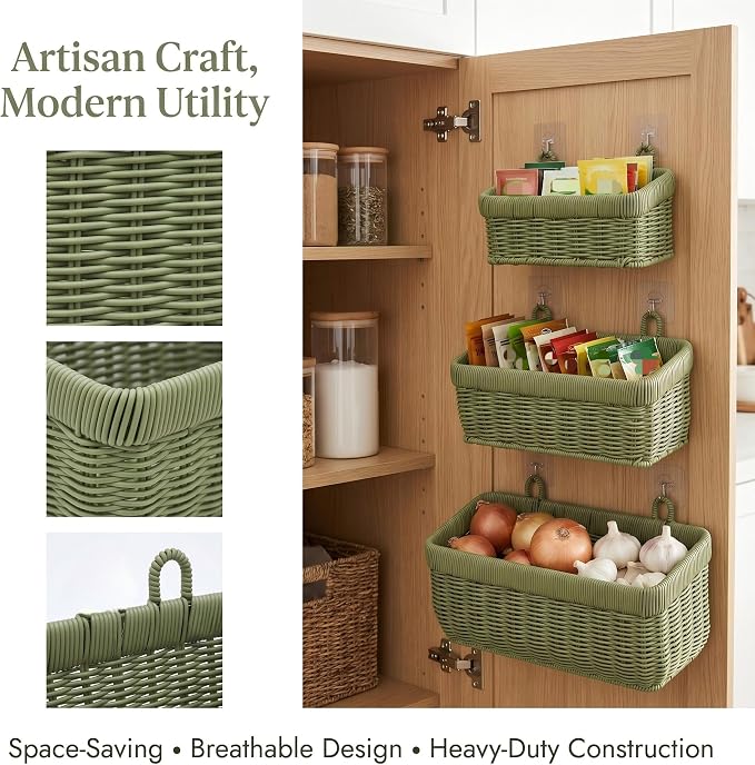 Hanging Wicker-Style Baskets for Kitchen Bathroom Entryway Organizing - Image 2