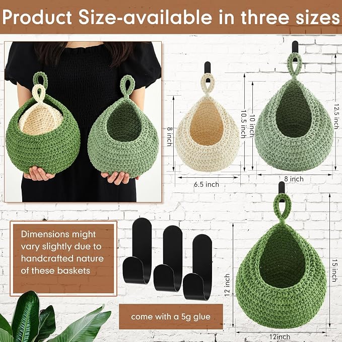 Honeydak 3 Hanging Baskets, Sage Green, Cotton Rope - Image 2