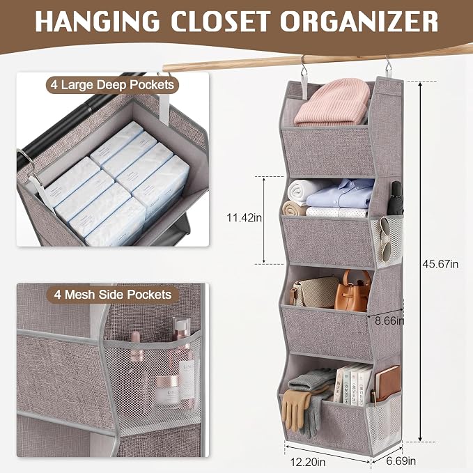 Hanging Closet Organizer 4-Shelf Wide Trapezoid, Heather Grey | Hanging Clothes - Image 3