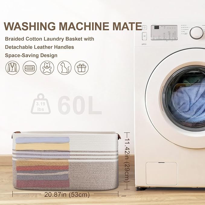 60L Woven Laundry Basket Hamper - Image 7
