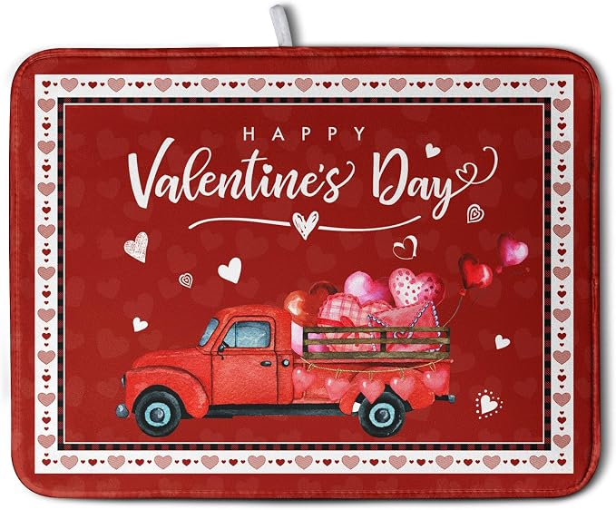 Valentine Red Truck Love Heart Dish Drying Mat 16x18 Inch Happy Valentine's Day by Kwlegh