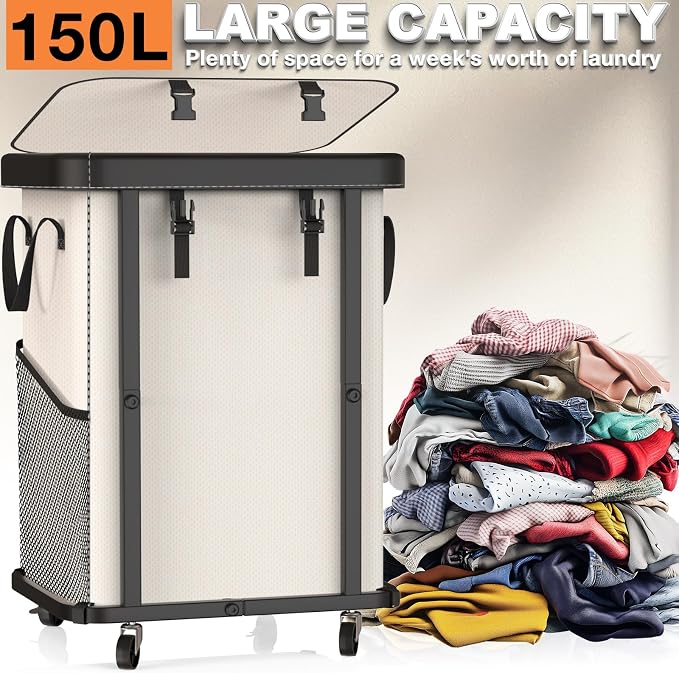Laundry Basket with Wheels, 150L Leather Patchwork Rolling Hamper Carts - Image 3