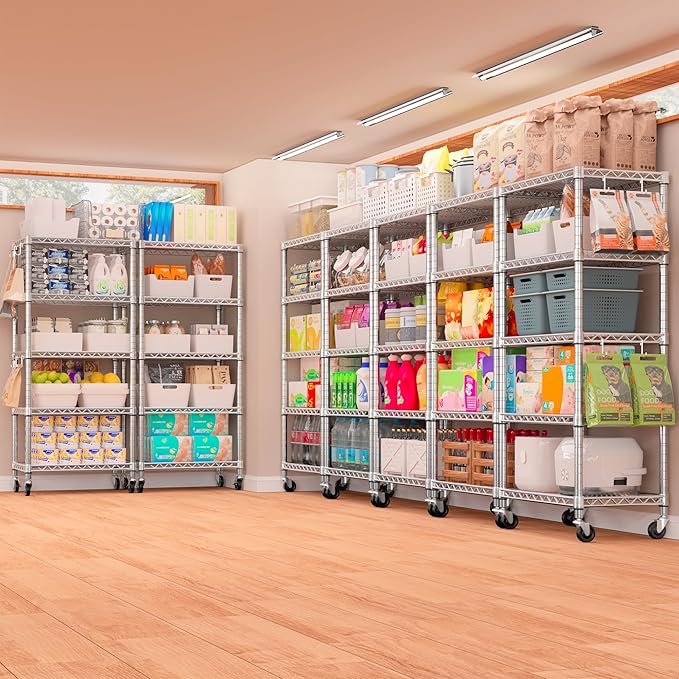 PrimeZone 4 Pack Steel Storage Wire Shelving 5 Tier Metal Shelves with Wheels,Adjustable Kitchen Utility Shelving Unit,Pantry Rack Rolling Metal Shelf Laundry,Chrome 24" Wx18 Dx75 H