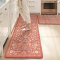 KIMODE Anti Fatigue Mat for Kitchen Floor Non Slip,Boho Vintage Floral Kitchen Rugs Sets of 2,Wide Cushioned Memory Foam Waterproof Standing Carpet for Laundry Sink Home,Red