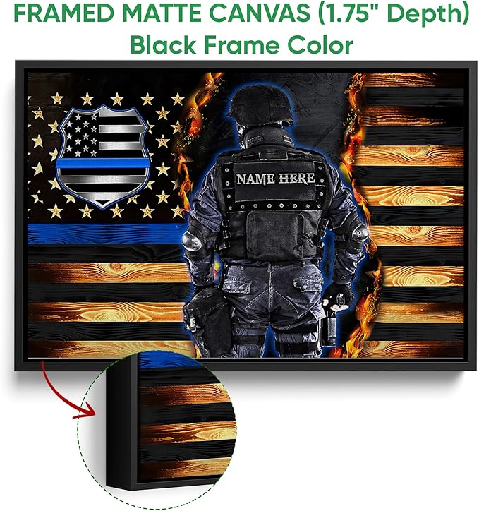 Personalized Police Poster & Framed Canvas, Proud Thin Blue Line Flag Patriotic Home Office Decor, Custom Name Bedroom Living Room Aesthetic Wall Art Gift For Policeman, Law Enforcement
