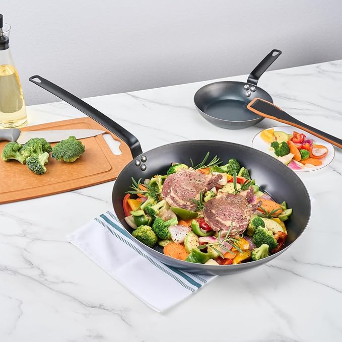 Restaurantware-Met Lux 16 Inch Fry Pans, 6 Lightweight Frying Pans - Induction-Ready, Triple-Riveted, Black Carbon Steel Cooking Skillets, Durable, For Searing, Sauteing, And Browning Food