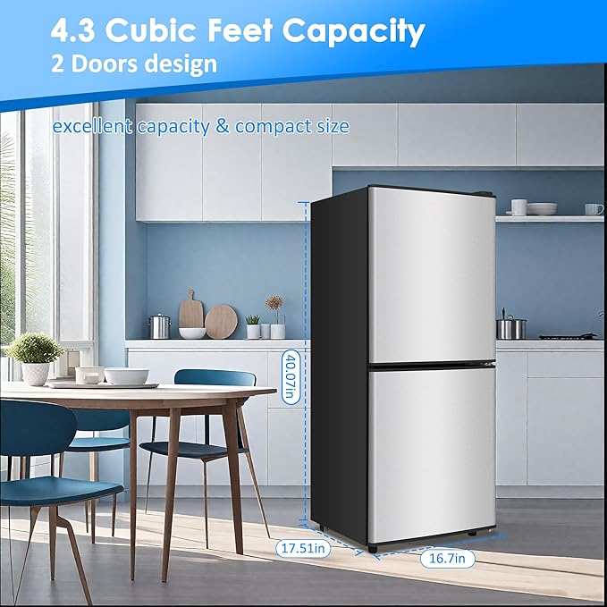 4.3 Cu. Ft. Compact Fridge with Freezer, Double Door Small Refrigerator with Adjustable 7-Level Thermostat, Mini Refrigerator for Kitchen, College, Apartment, Office, Silver