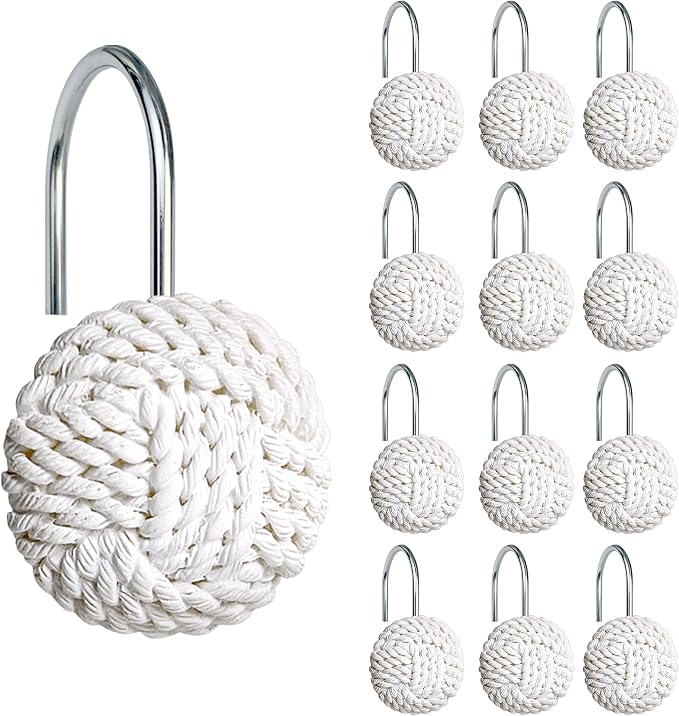 Sunlit Boho Knots Shower Curtain Hooks, Home Decorative White Shower Curtain by Sunlit
