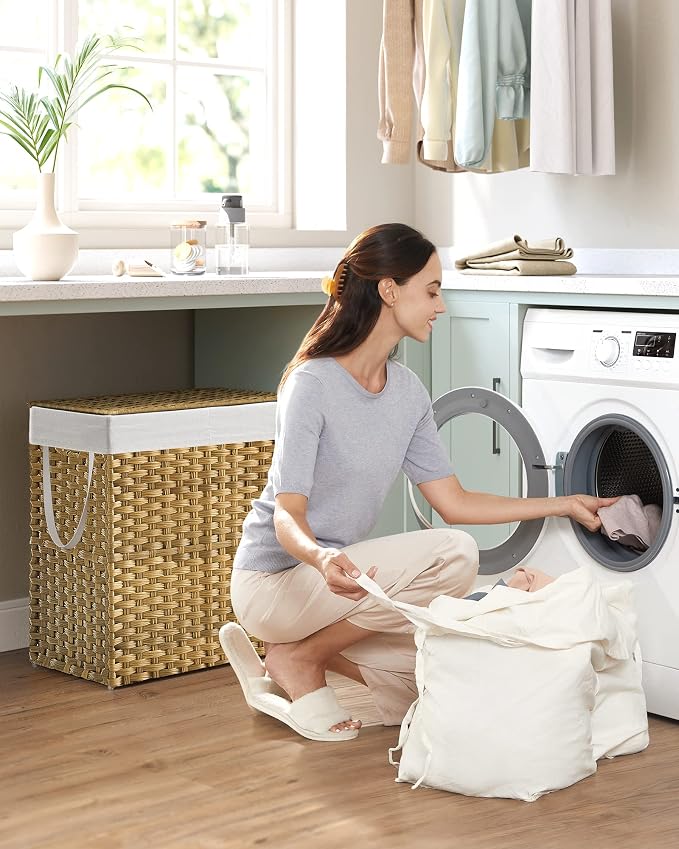 SONGMICS Laundry Hamper with Lid, 110L Double Wicker Basket, 6 Mesh Bags - Image 2
