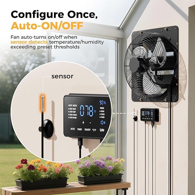 14 Inch EC Motor Shutter Exhaust Fan, 6 Inch Large Touchscreen Controller for Temp Humidity and Speed Control, 10-Speed Wall Mount Fan for Attic, Greenhouse, Garage, Chicken Coop Ventilation